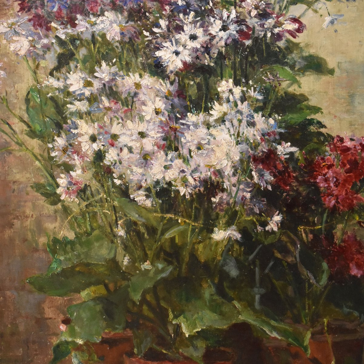 NATURA MORTA DI FIORI CON FIORDALISI E MARGHERITE, QUADRI ANTICHI, OLIO SU TELA, XIX (QF736)-photo-4