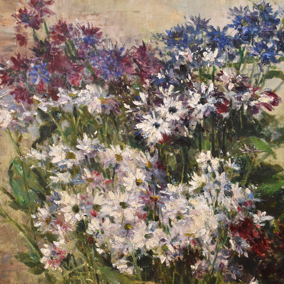 NATURA MORTA DI FIORI CON FIORDALISI E MARGHERITE, QUADRI ANTICHI, OLIO SU TELA, XIX (QF736)-photo-1