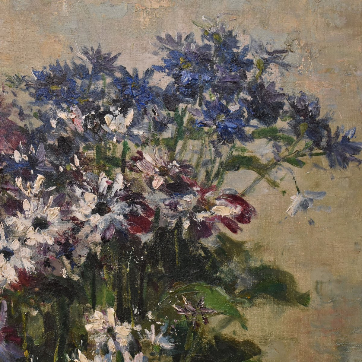 NATURA MORTA DI FIORI CON FIORDALISI E MARGHERITE, QUADRI ANTICHI, OLIO SU TELA, XIX (QF736)-photo-2