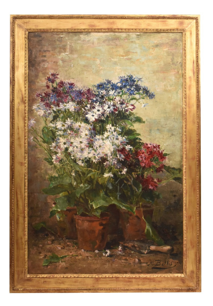 NATURA MORTA DI FIORI CON FIORDALISI E MARGHERITE, QUADRI ANTICHI, OLIO SU TELA, XIX (QF736)