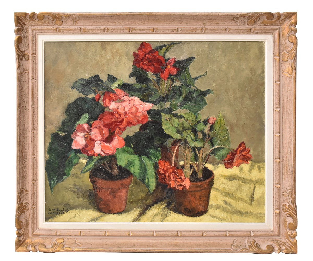 QUADRI ANTICHI, NATURA MORTA CON FIORI, GERANI E BEGONIE, OLIO SU TELA, XX SECOLO. (QF737)