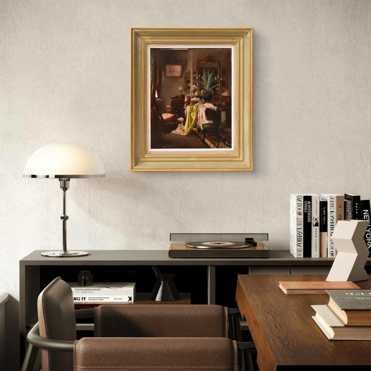 DIPINTI ANTICHI, INTERNO OTTOCENTESCO, OLIO SU TELA, FINE XIX SECOLO (QP738)-photo-2