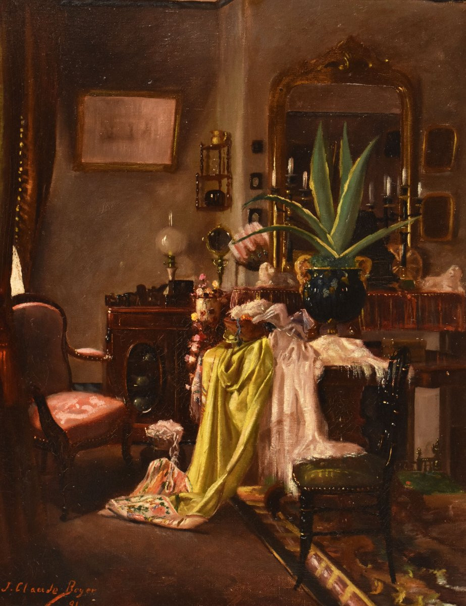 DIPINTI ANTICHI, INTERNO OTTOCENTESCO, OLIO SU TELA, FINE XIX SECOLO (QP738)-photo-3