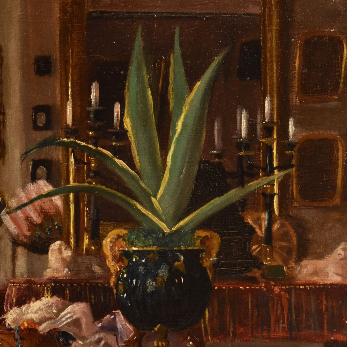 DIPINTI ANTICHI, INTERNO OTTOCENTESCO, OLIO SU TELA, FINE XIX SECOLO (QP738)-photo-1