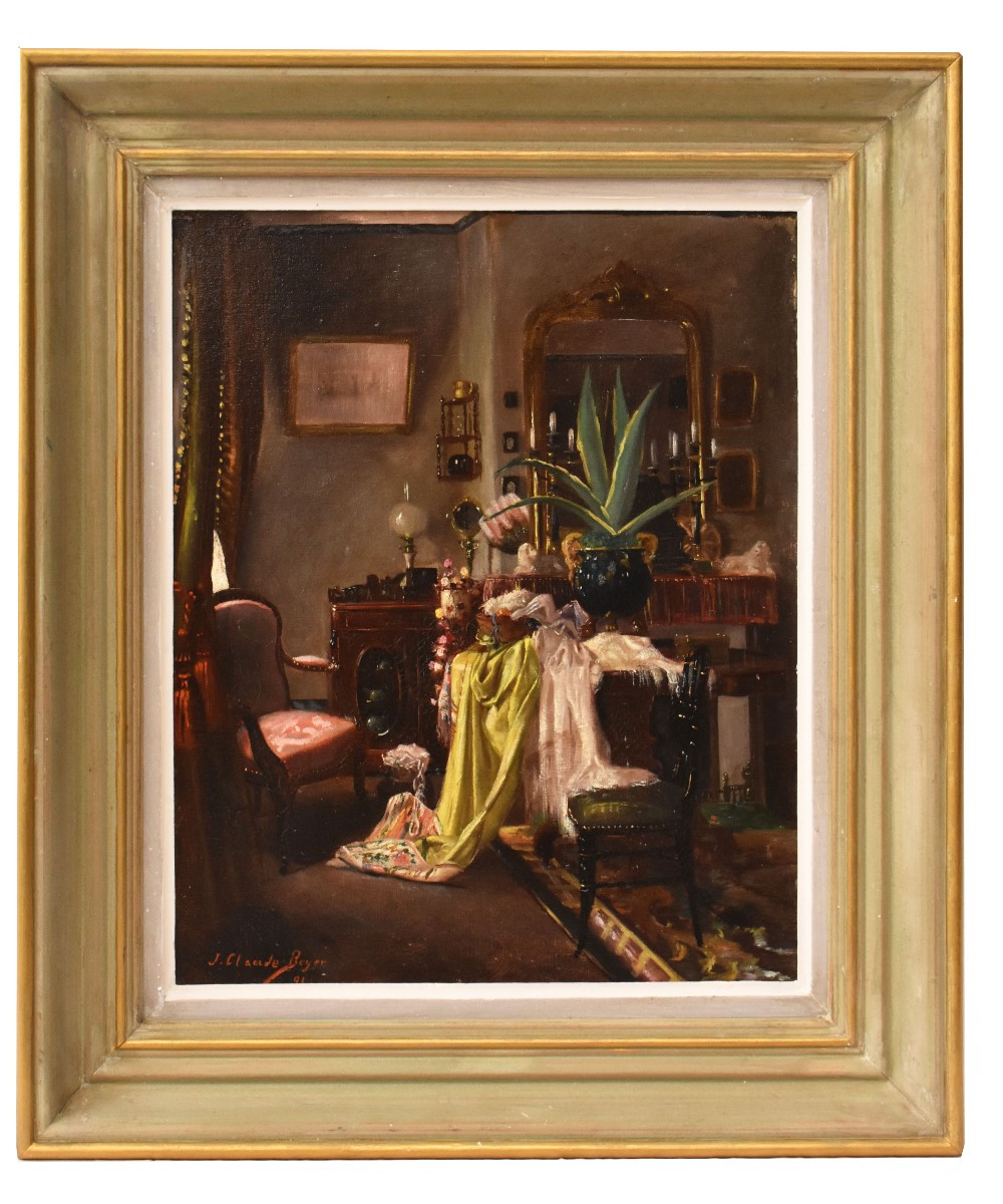 DIPINTI ANTICHI, INTERNO OTTOCENTESCO, OLIO SU TELA, FINE XIX SECOLO (QP738)