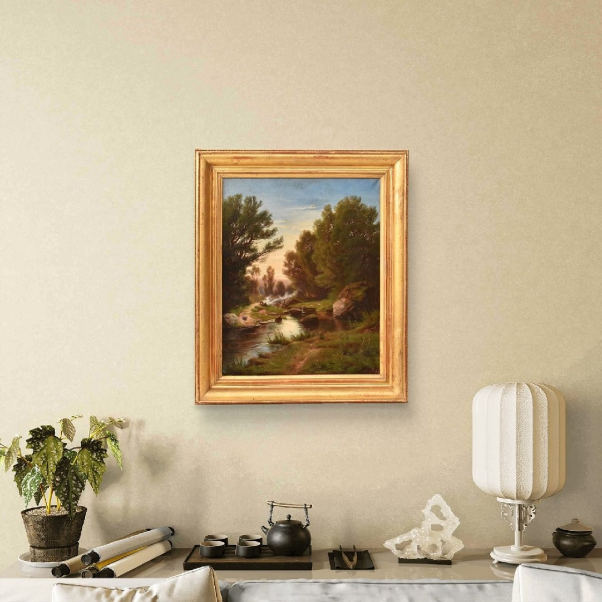 DIPINTI ANTICHI, QUADRI PAESAGGI CON LAVANDAIE E FIUME, OLIO SU TELA, DELL 800. (QP739)-photo-2