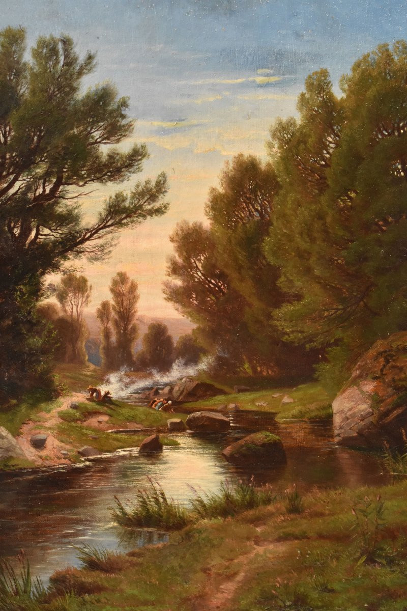 DIPINTI ANTICHI, QUADRI PAESAGGI CON LAVANDAIE E FIUME, OLIO SU TELA, DELL 800. (QP739)-photo-3