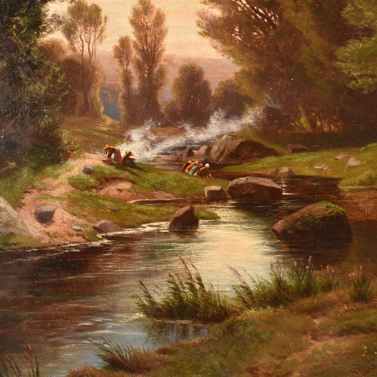 DIPINTI ANTICHI, QUADRI PAESAGGI CON LAVANDAIE E FIUME, OLIO SU TELA, DELL 800. (QP739)-photo-4