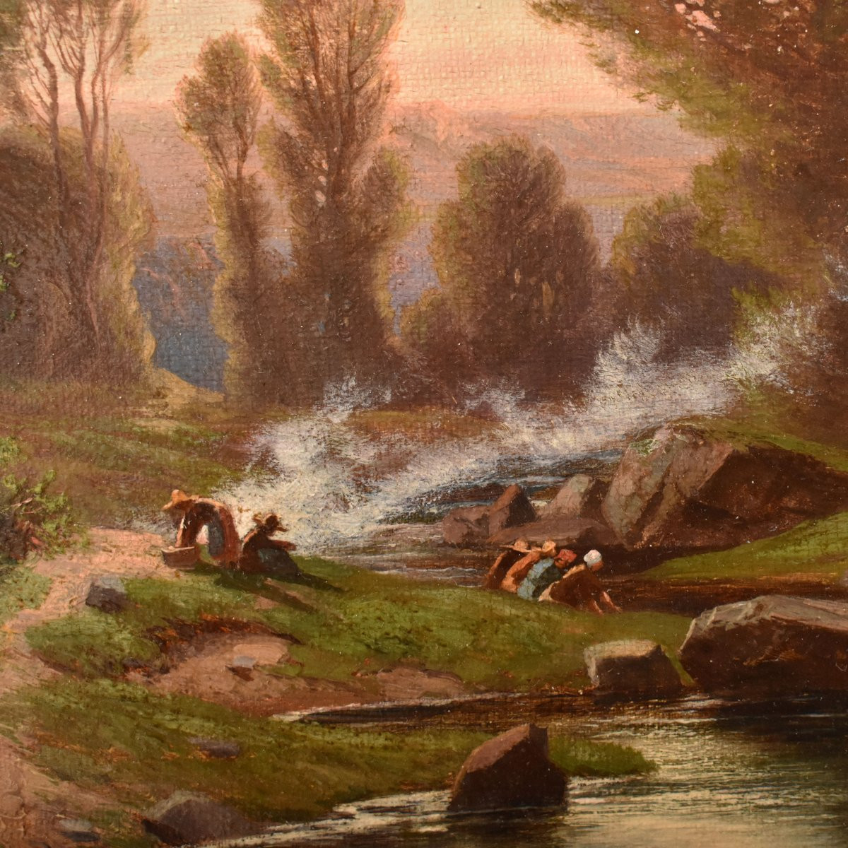 DIPINTI ANTICHI, QUADRI PAESAGGI CON LAVANDAIE E FIUME, OLIO SU TELA, DELL 800. (QP739)-photo-1