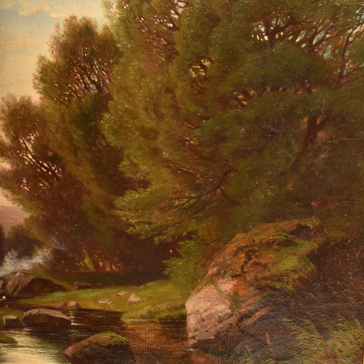 DIPINTI ANTICHI, QUADRI PAESAGGI CON LAVANDAIE E FIUME, OLIO SU TELA, DELL 800. (QP739)-photo-3