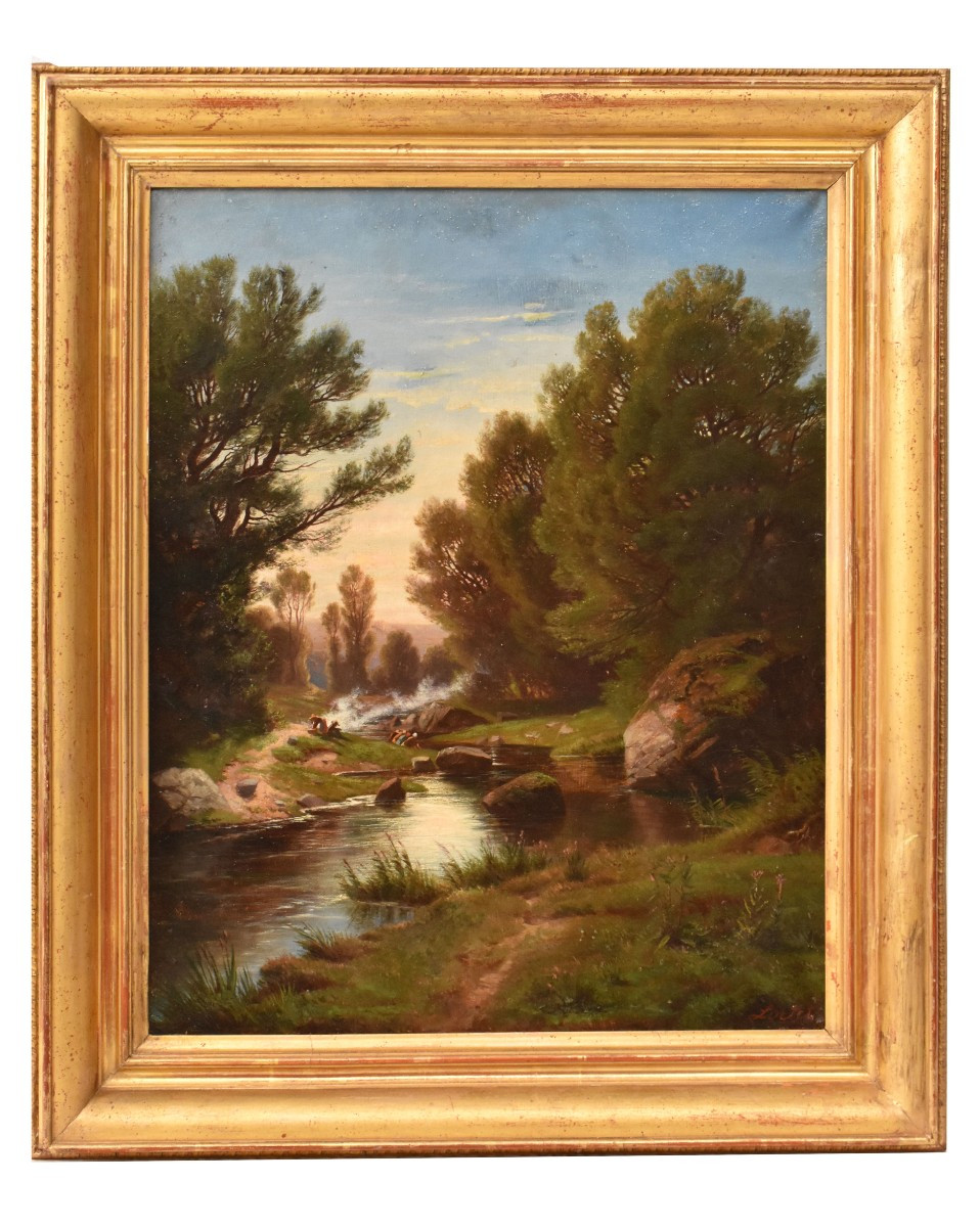 DIPINTI ANTICHI, QUADRI PAESAGGI CON LAVANDAIE E FIUME, OLIO SU TELA, DELL 800. (QP739)