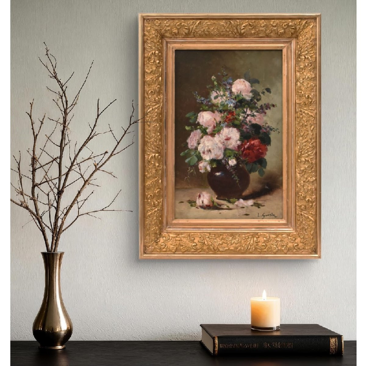 DIPINTI ANTICHI DI FIORI, PICCOLA NATUR MORTA CON PEONIE, OLIO SU TELA, XIX SECOLO. (QF740)-photo-2
