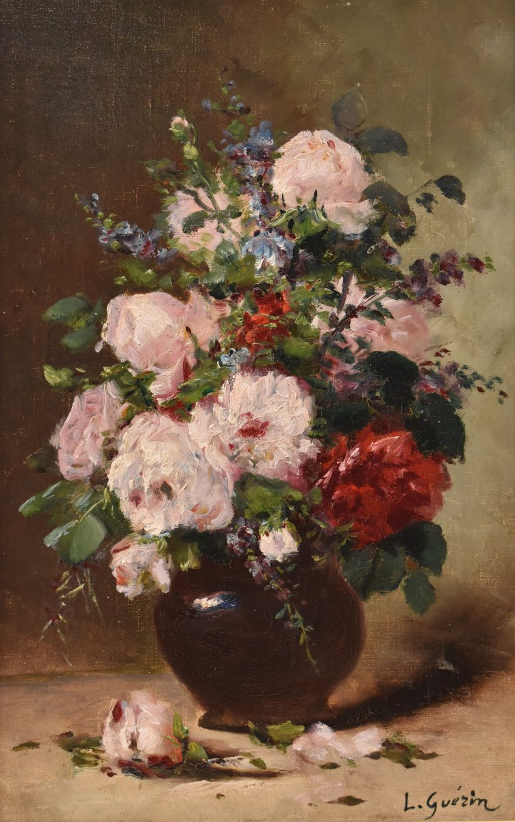 DIPINTI ANTICHI DI FIORI, PICCOLA NATUR MORTA CON PEONIE, OLIO SU TELA, XIX SECOLO. (QF740)-photo-3