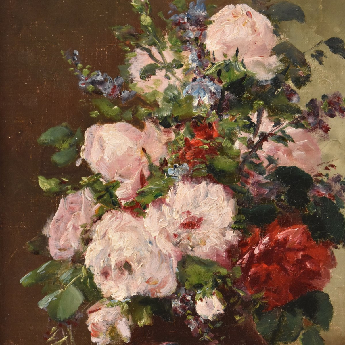 DIPINTI ANTICHI DI FIORI, PICCOLA NATUR MORTA CON PEONIE, OLIO SU TELA, XIX SECOLO. (QF740)-photo-4