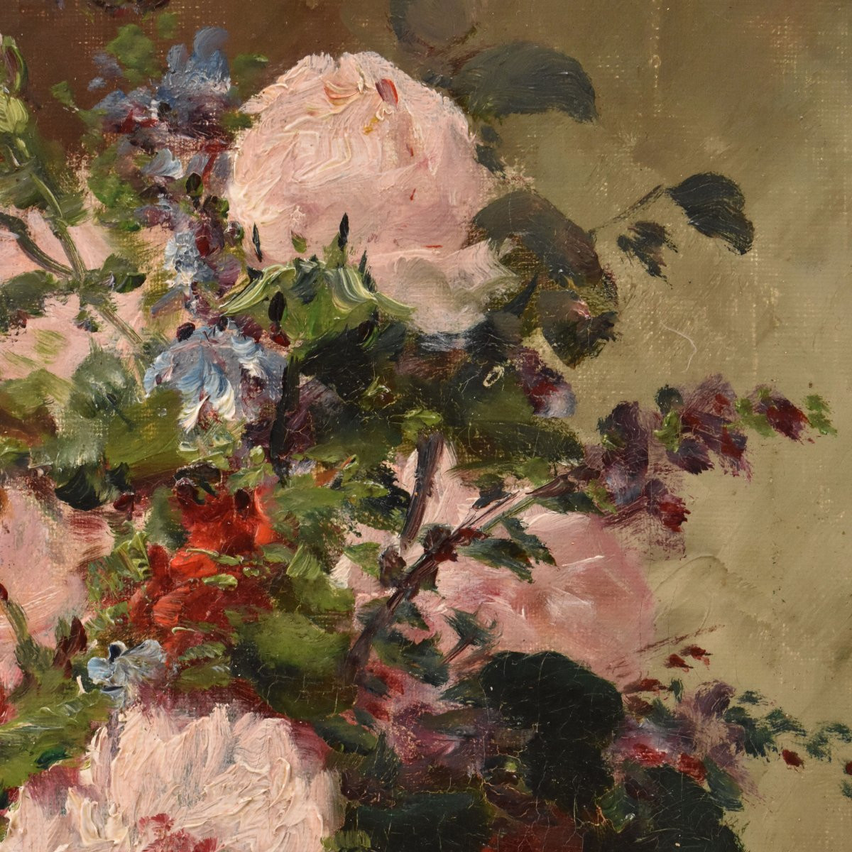 DIPINTI ANTICHI DI FIORI, PICCOLA NATUR MORTA CON PEONIE, OLIO SU TELA, XIX SECOLO. (QF740)-photo-1