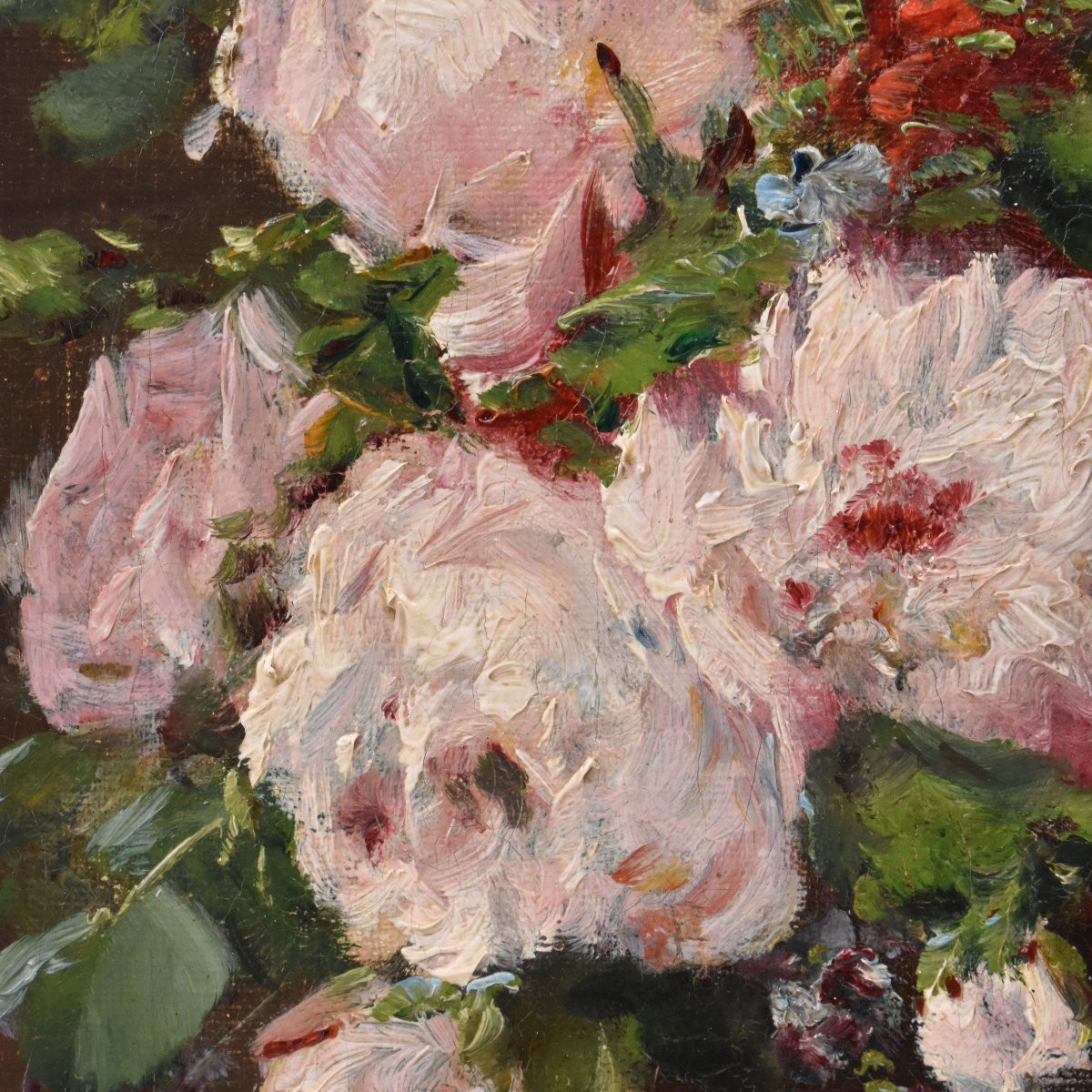DIPINTI ANTICHI DI FIORI, PICCOLA NATUR MORTA CON PEONIE, OLIO SU TELA, XIX SECOLO. (QF740)-photo-2