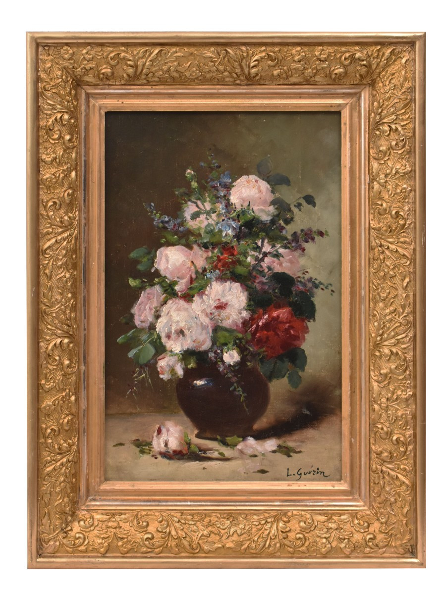 DIPINTI ANTICHI DI FIORI, PICCOLA NATUR MORTA CON PEONIE, OLIO SU TELA, XIX SECOLO. (QF740)