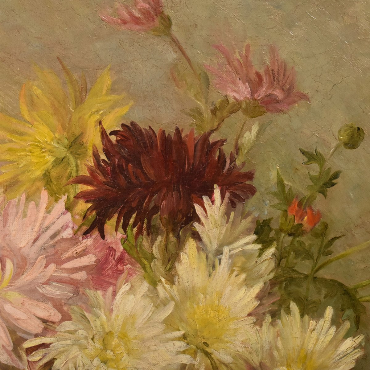 DIPINTI ANTICHI DI FIORI, PICCOLA NATUR MORTA CON PEONIE, OLIO SU TELA, XIX SECOLO. (QF740)   -photo-2
