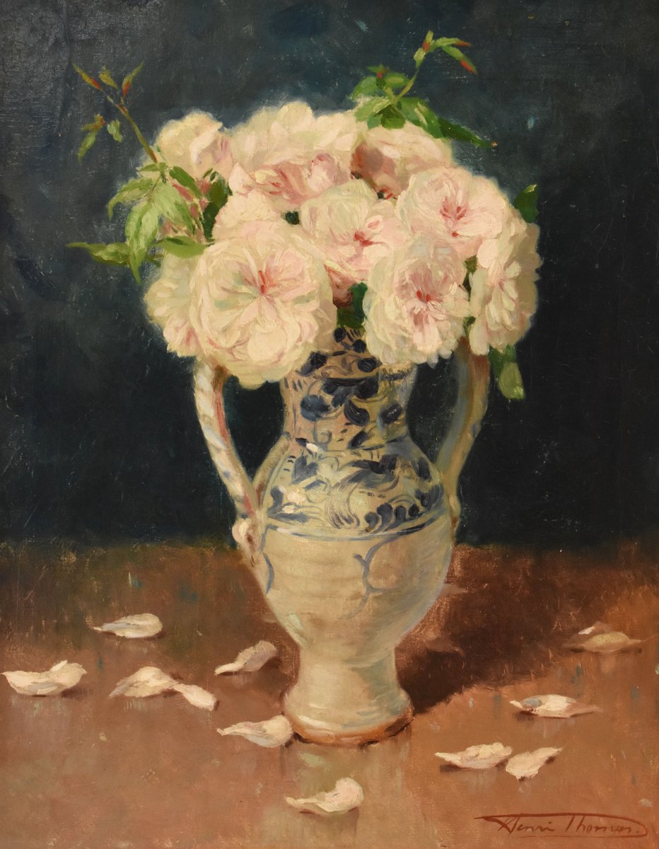 NATURA MORTA DI FIORI CON ROSE BIANCHE, QUADRI ANTICHI, OLIO SU TELA, XIX (QF746)-photo-3