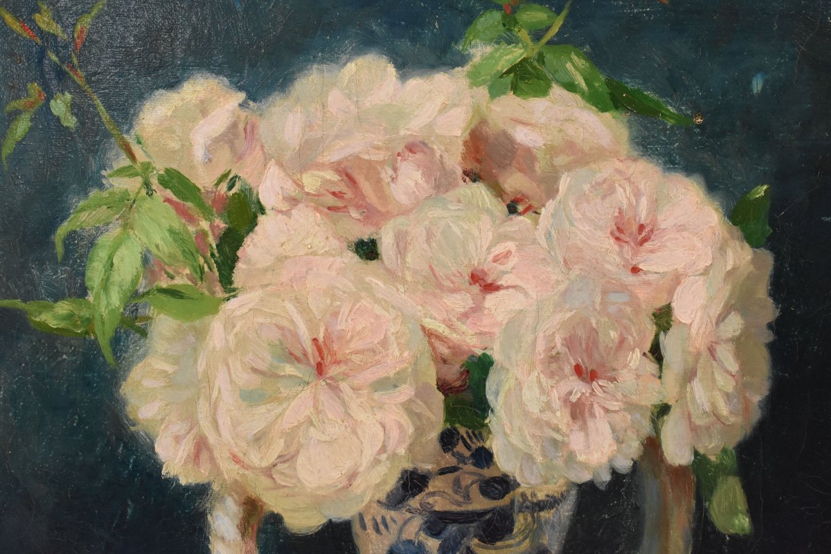 NATURA MORTA DI FIORI CON ROSE BIANCHE, QUADRI ANTICHI, OLIO SU TELA, XIX (QF746)-photo-4
