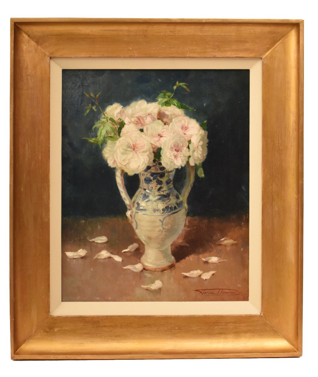 NATURA MORTA DI FIORI CON ROSE BIANCHE, QUADRI ANTICHI, OLIO SU TELA, XIX (QF746)