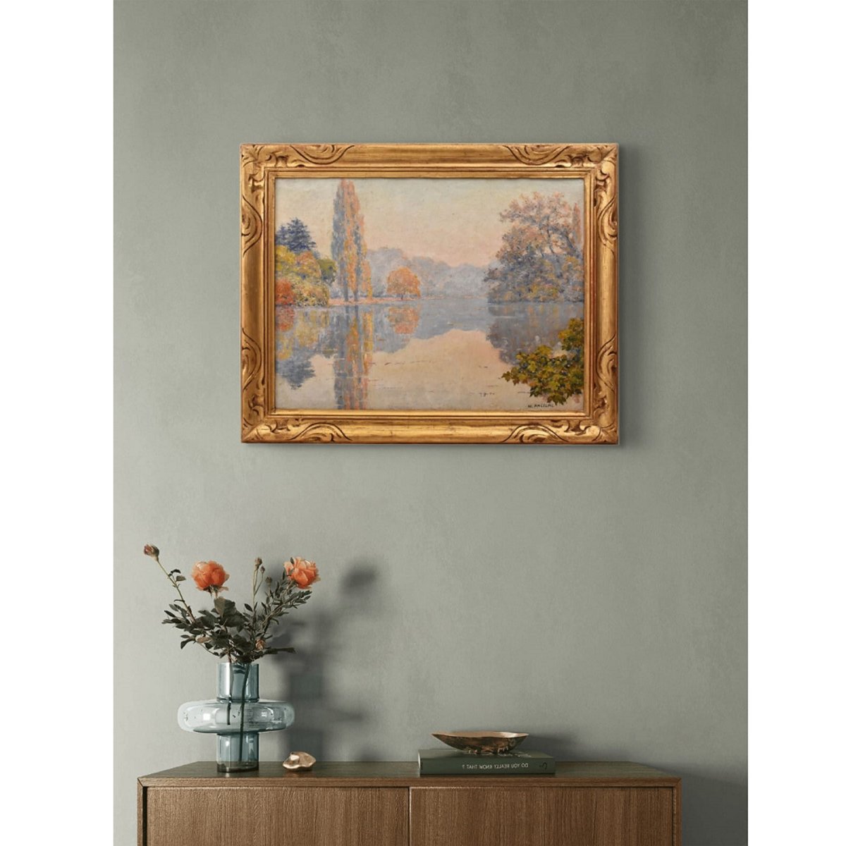 DIPINTI ANTICHI PAESAGGIO LACUSTRE, OLIO SU TELA, ART NOUVEAU, INIZIO XX SECOLO (QP747)-photo-2