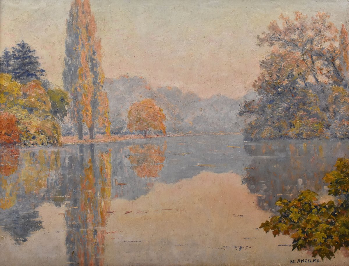 DIPINTI ANTICHI PAESAGGIO LACUSTRE, OLIO SU TELA, ART NOUVEAU, INIZIO XX SECOLO (QP747)-photo-3