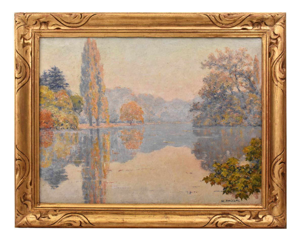 DIPINTI ANTICHI PAESAGGIO LACUSTRE, OLIO SU TELA, ART NOUVEAU, INIZIO XX SECOLO (QP747)