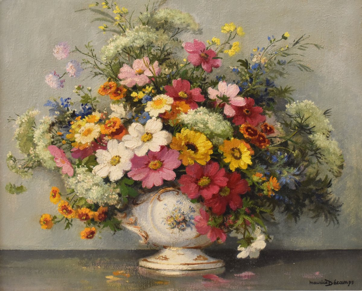 QUADRI ANTICHI, ART DECO, NATURA MORTA CON FIORI PRIMAVERILI, OLIO SU TELA, XX . (QF748)-photo-3