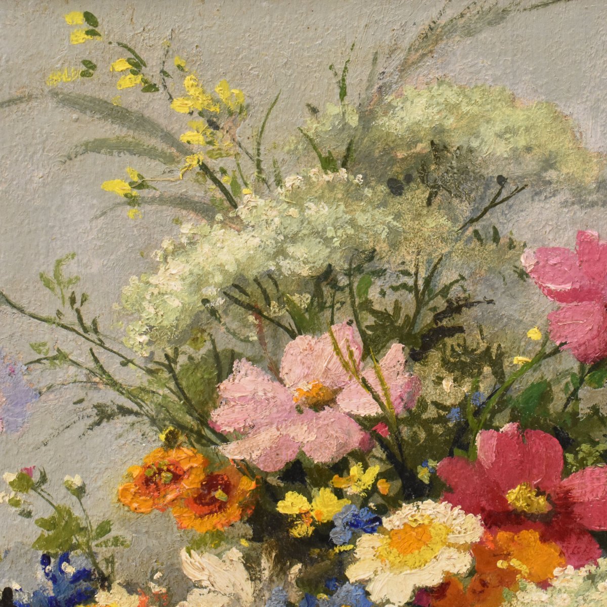 QUADRI ANTICHI, ART DECO, NATURA MORTA CON FIORI PRIMAVERILI, OLIO SU TELA, XX . (QF748)-photo-4