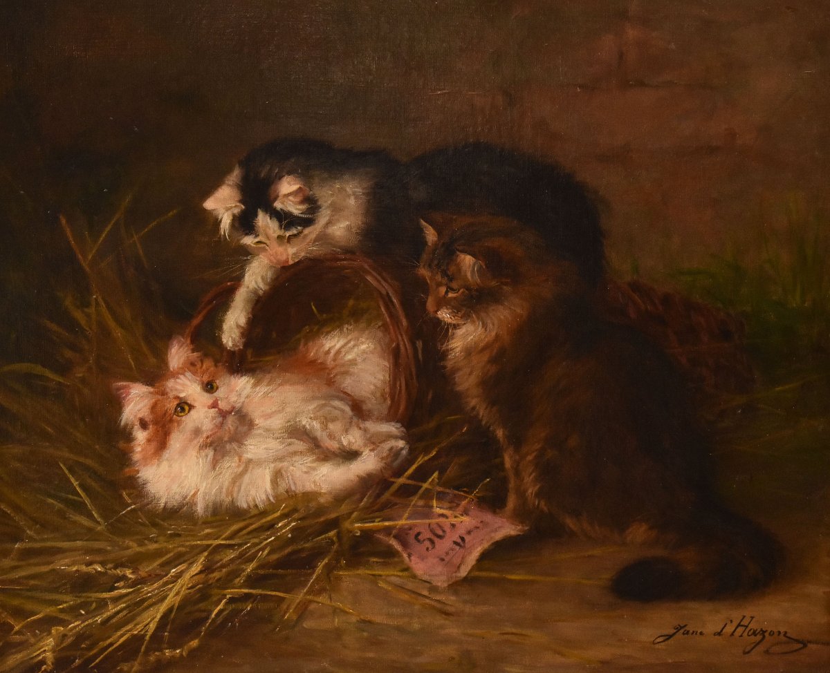DIPINTI ANTICHI, RITRATTI DI TRE GATTI CHE GIOCANO, OLIO SU TELA, EPOCA FINE OTTOCENTO. (QA750)-photo-3