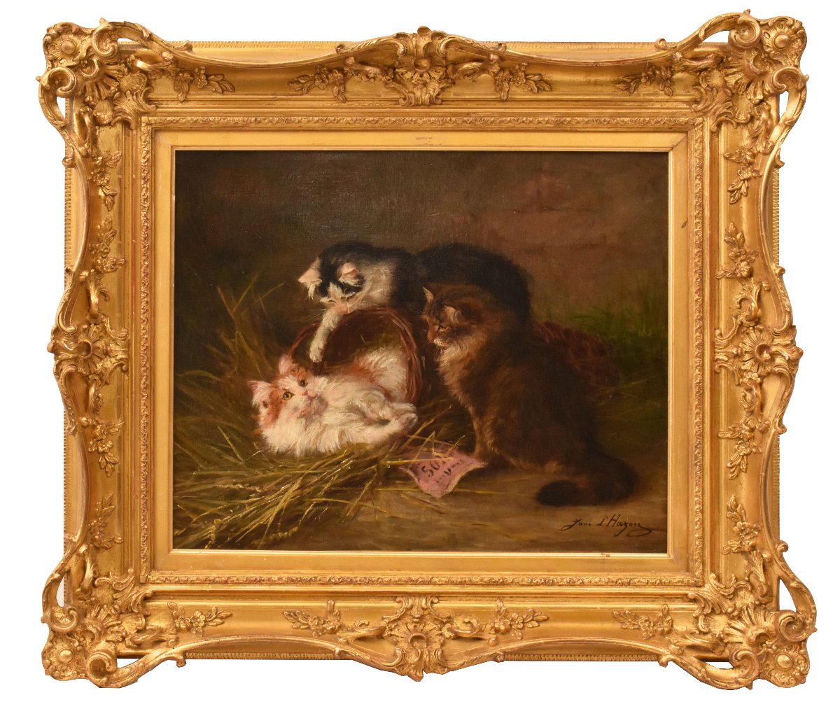 DIPINTI ANTICHI, RITRATTI DI TRE GATTI CHE GIOCANO, OLIO SU TELA, EPOCA FINE OTTOCENTO. (QA750)