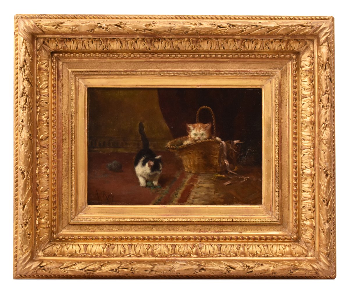 PICCOLO RITRATTO DI DUE GATTI CHE GIOCANO, OLIO SU TAVOLA, EPOCA FINE OTTOCENTO. (QA751)