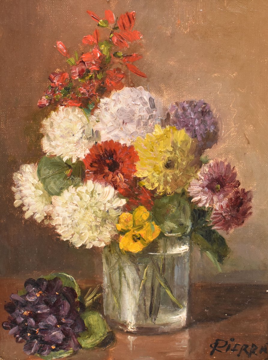 NATURA MORTA DI FIORI CON DALIE E VIOLETTE, QUADRI ANTICHI, OLIO SU TELA. (QF752)-photo-3