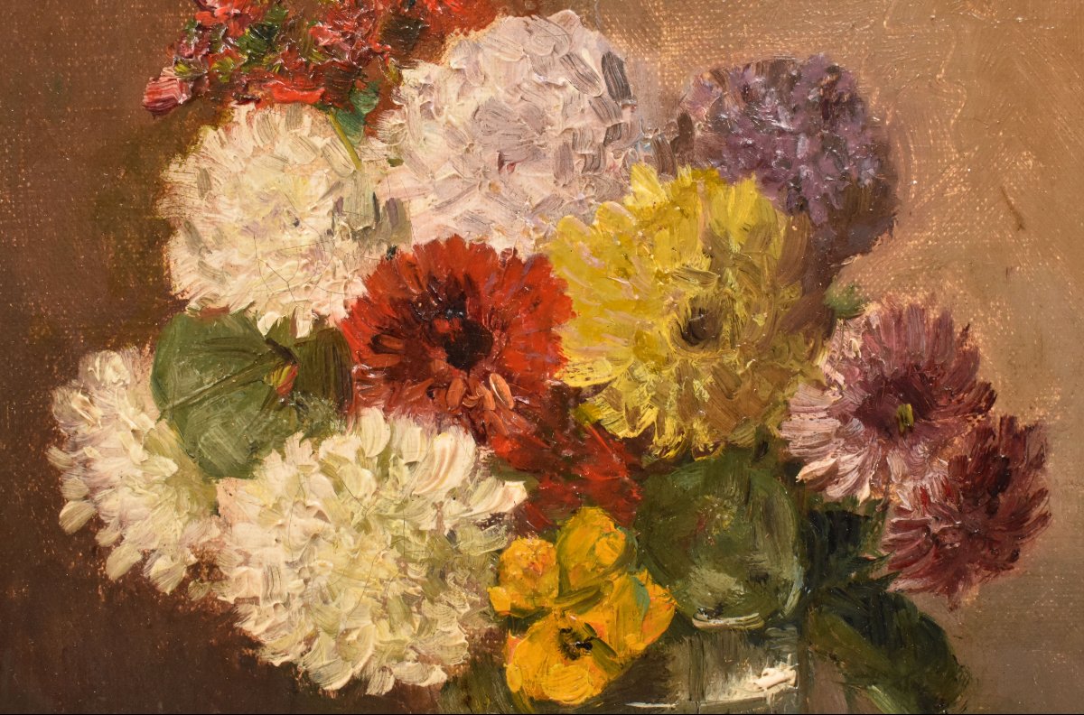 NATURA MORTA DI FIORI CON DALIE E VIOLETTE, QUADRI ANTICHI, OLIO SU TELA. (QF752)-photo-4