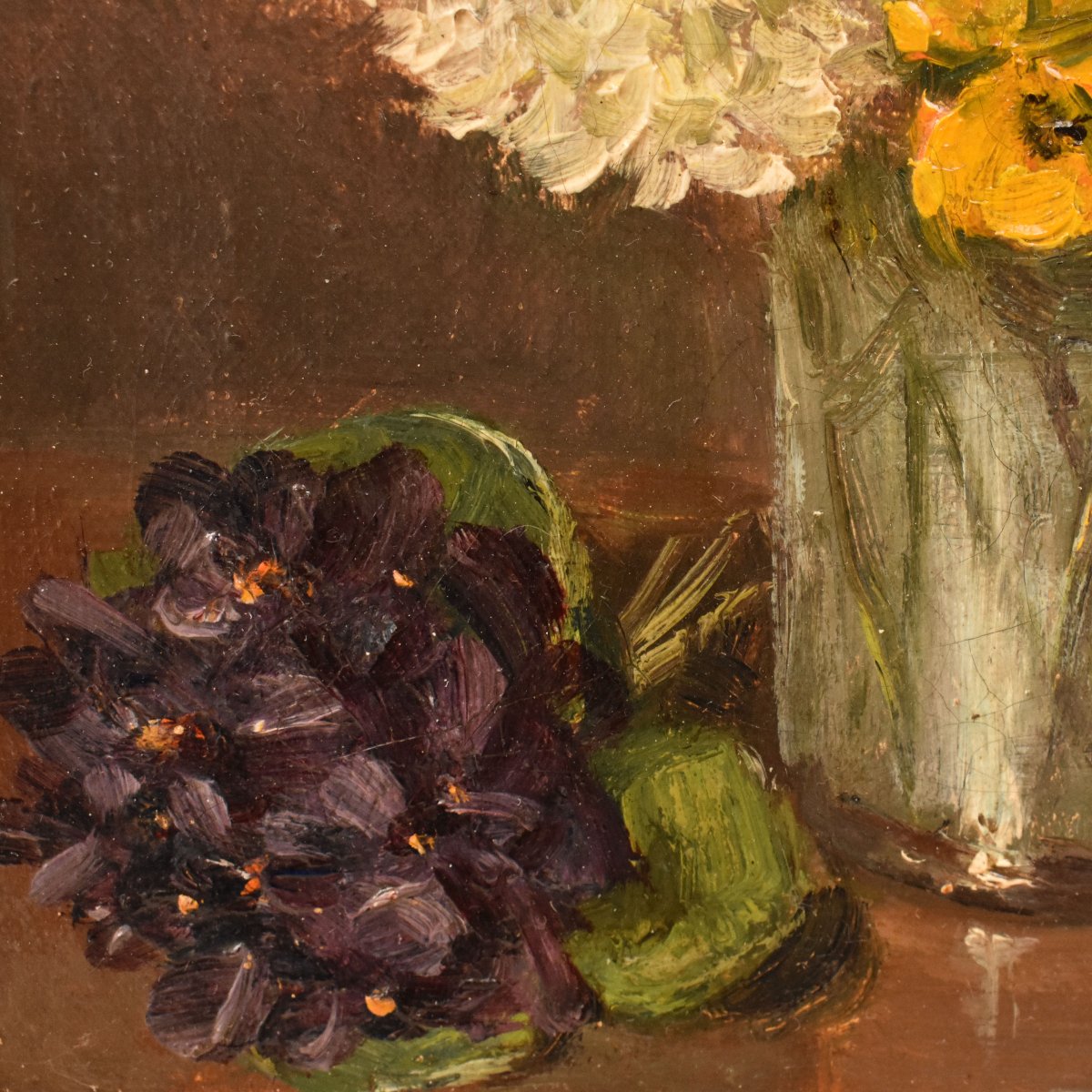 NATURA MORTA DI FIORI CON DALIE E VIOLETTE, QUADRI ANTICHI, OLIO SU TELA. (QF752)-photo-2