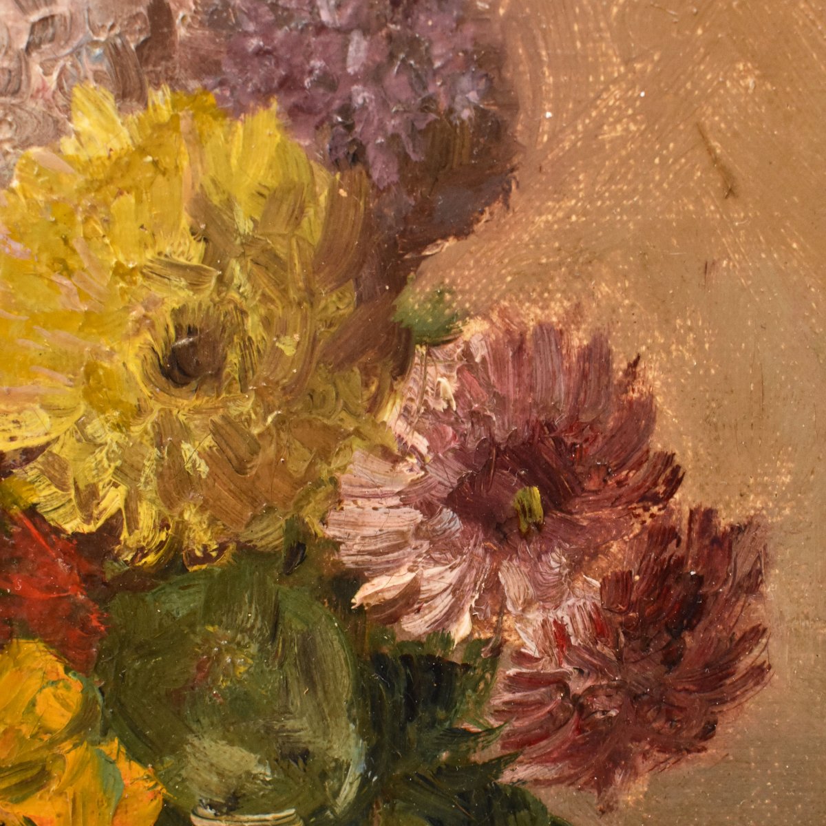 NATURA MORTA DI FIORI CON DALIE E VIOLETTE, QUADRI ANTICHI, OLIO SU TELA. (QF752)-photo-4