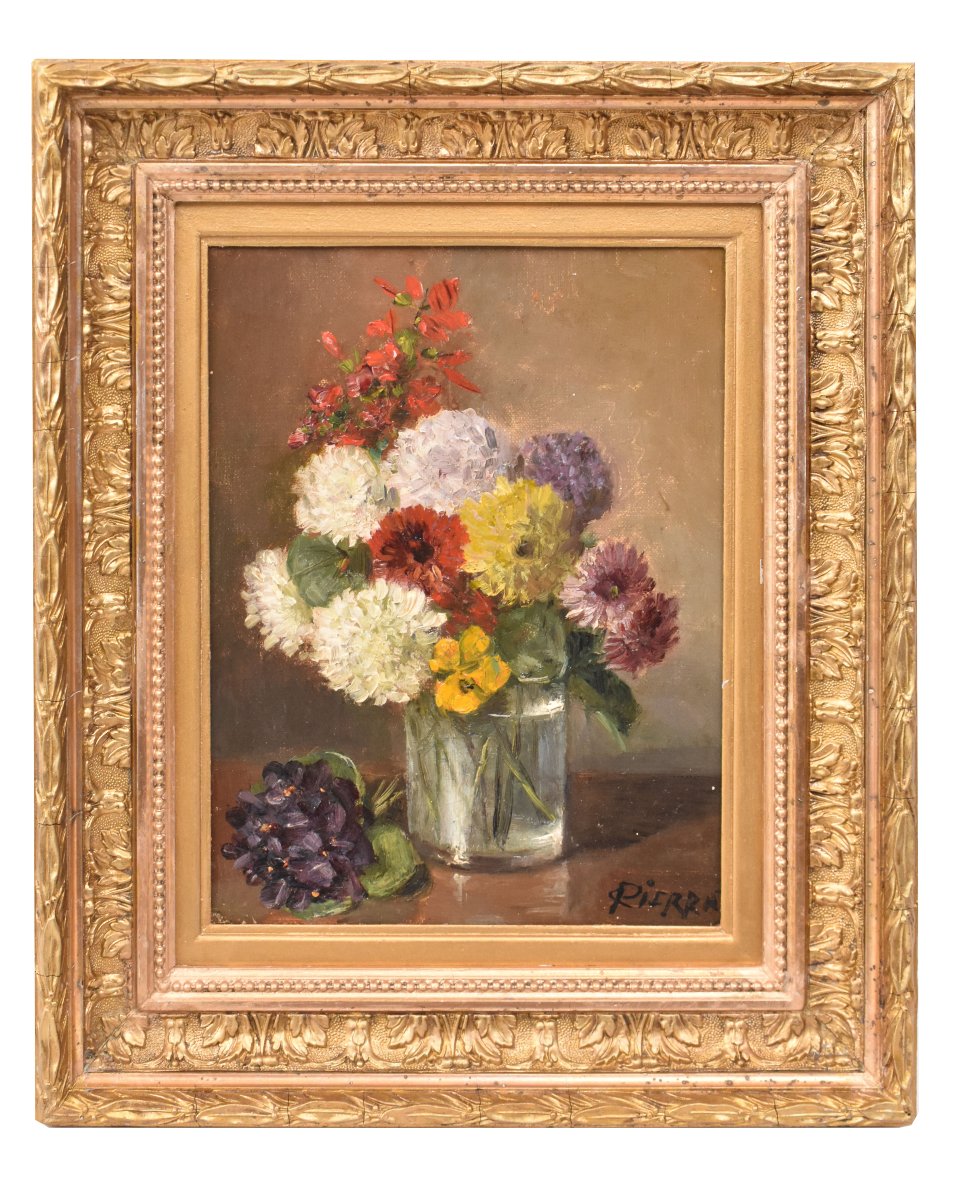 NATURA MORTA DI FIORI CON DALIE E VIOLETTE, QUADRI ANTICHI, OLIO SU TELA. (QF752)