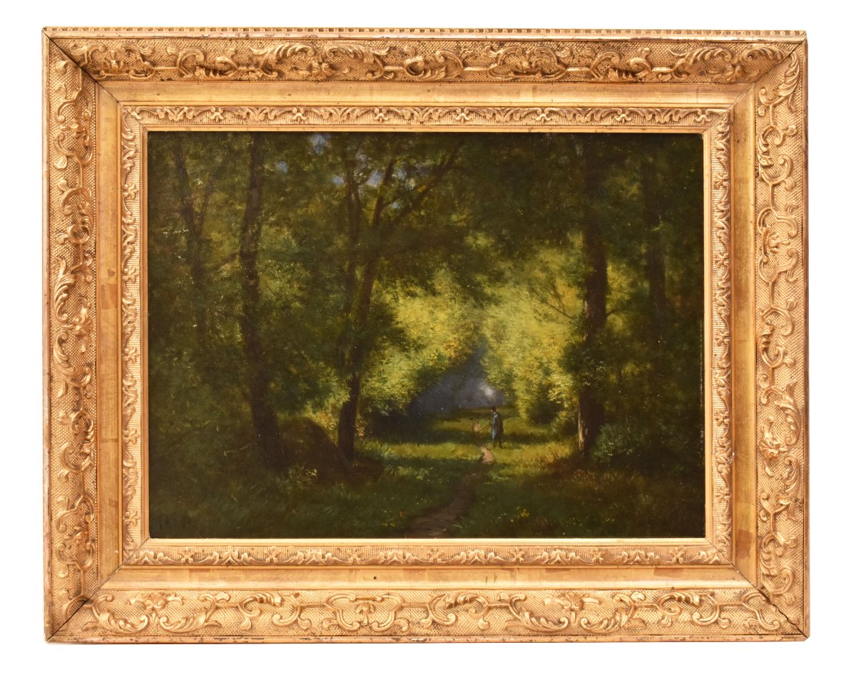 PICCOLO DIPINTO ANTICO, QUADRI PAESAGGI CON SENTIERO, SOTTO BOSCO, OLIO SU TAVOLA, 800 (QP755)
