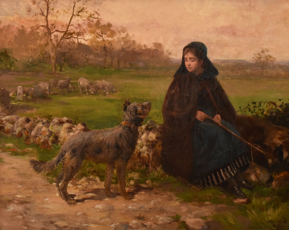 DIPINTI ANTICHI, QUADRI PAESAGGI CON PASTORELLA E CANE, OLIO SU TELA, DELL 800. (QP759)-photo-3