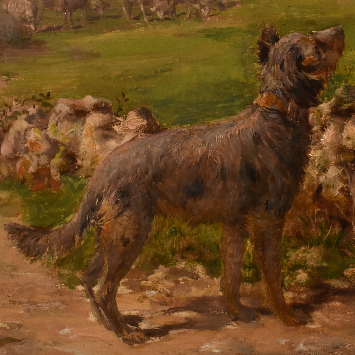 DIPINTI ANTICHI, QUADRI PAESAGGI CON PASTORELLA E CANE, OLIO SU TELA, DELL 800. (QP759)-photo-1