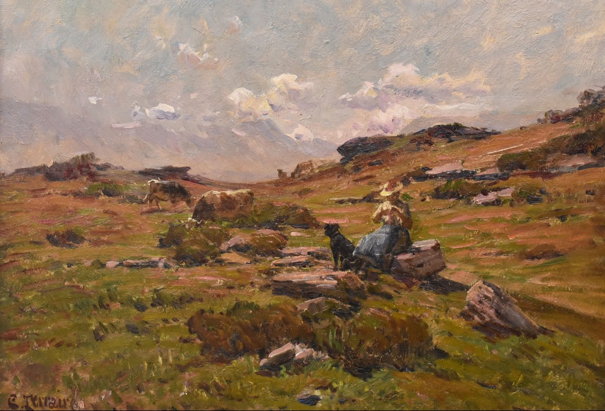 QUADRI ANTICHI, PAESAGGIO CON DONNA PASTORA E CANE, OLIO SU TELA, INIZIO XX SECOLO. (QP762)-photo-3