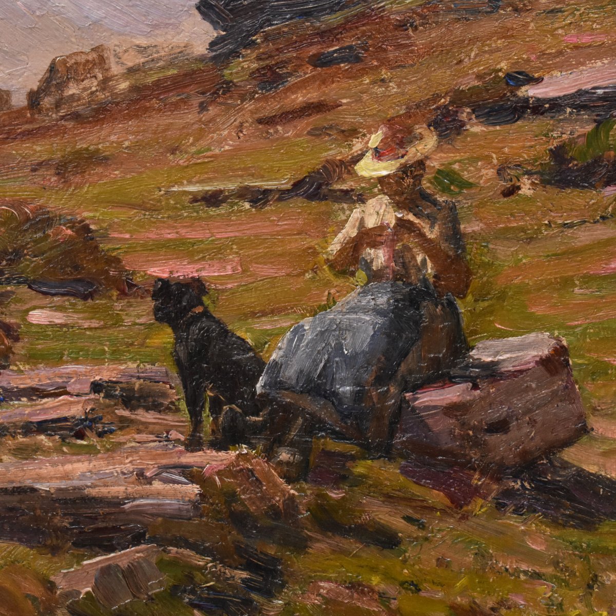 QUADRI ANTICHI, PAESAGGIO CON DONNA PASTORA E CANE, OLIO SU TELA, INIZIO XX SECOLO. (QP762)-photo-4