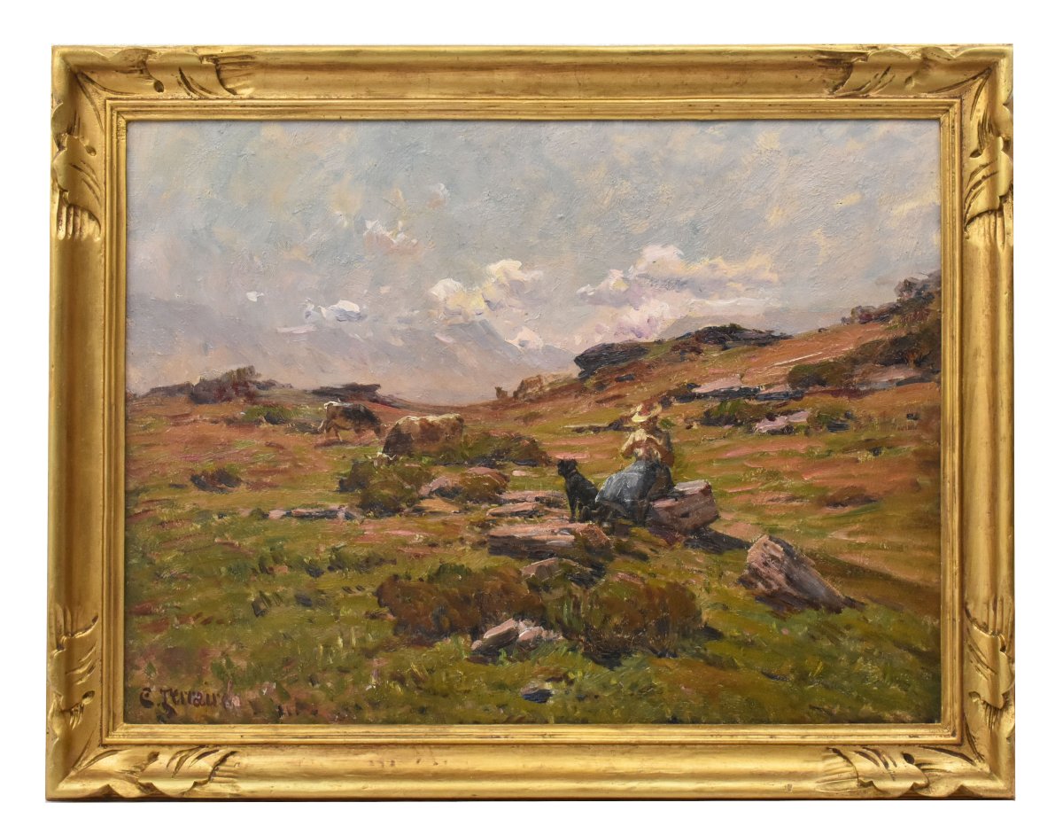 QUADRI ANTICHI, PAESAGGIO CON DONNA PASTORA E CANE, OLIO SU TELA, INIZIO XX SECOLO. (QP762)