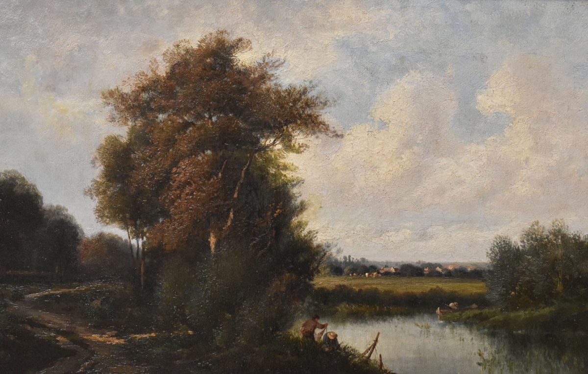 DIPINTI ANTICHI, QUADRI PAESAGGI CON FIUME, SCUOLA DI BARBISON, OLIO SU TELA, DELL 800. (QP763)-photo-3