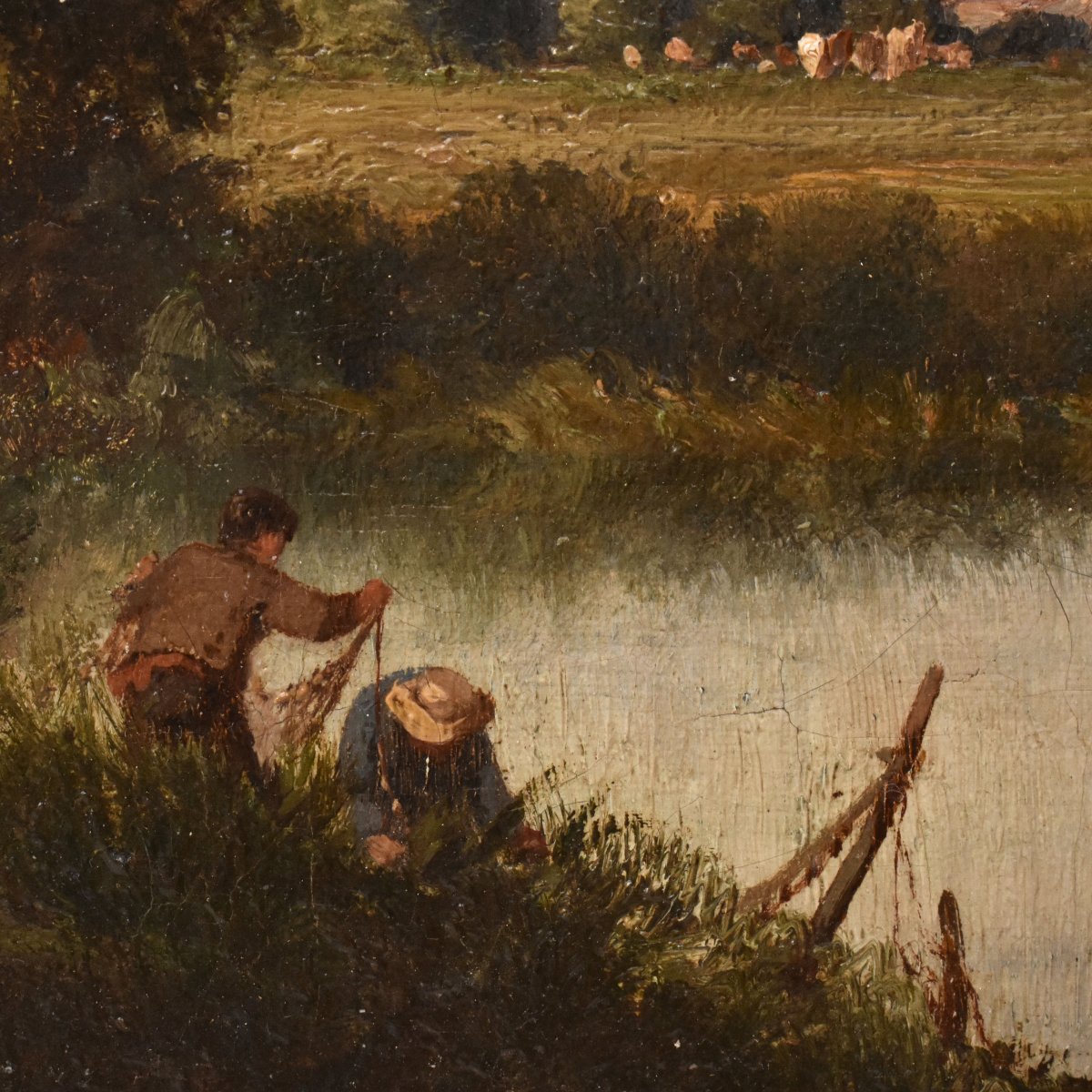 DIPINTI ANTICHI, QUADRI PAESAGGI CON FIUME, SCUOLA DI BARBISON, OLIO SU TELA, DELL 800. (QP763)-photo-4