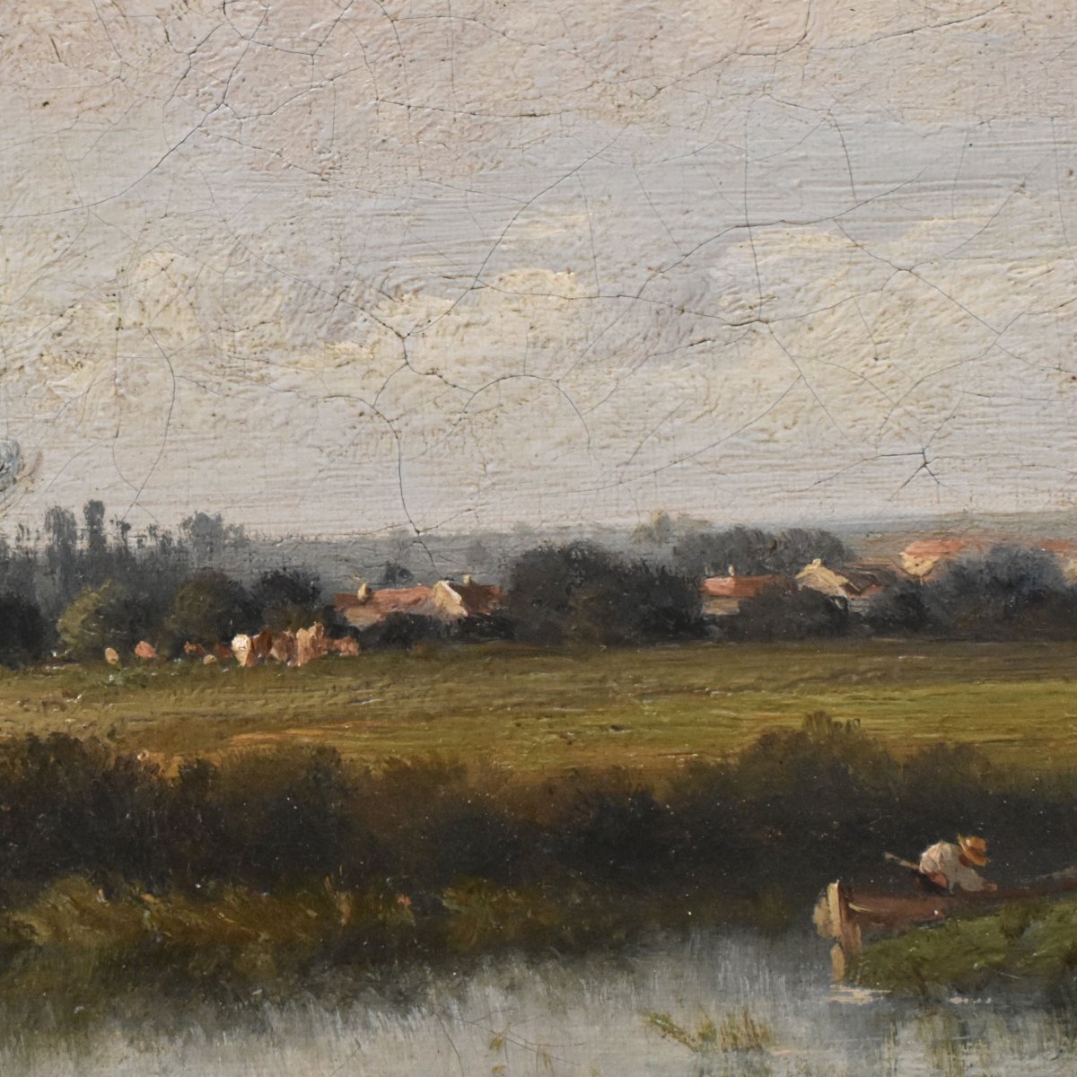 DIPINTI ANTICHI, QUADRI PAESAGGI CON FIUME, SCUOLA DI BARBISON, OLIO SU TELA, DELL 800. (QP763)-photo-1