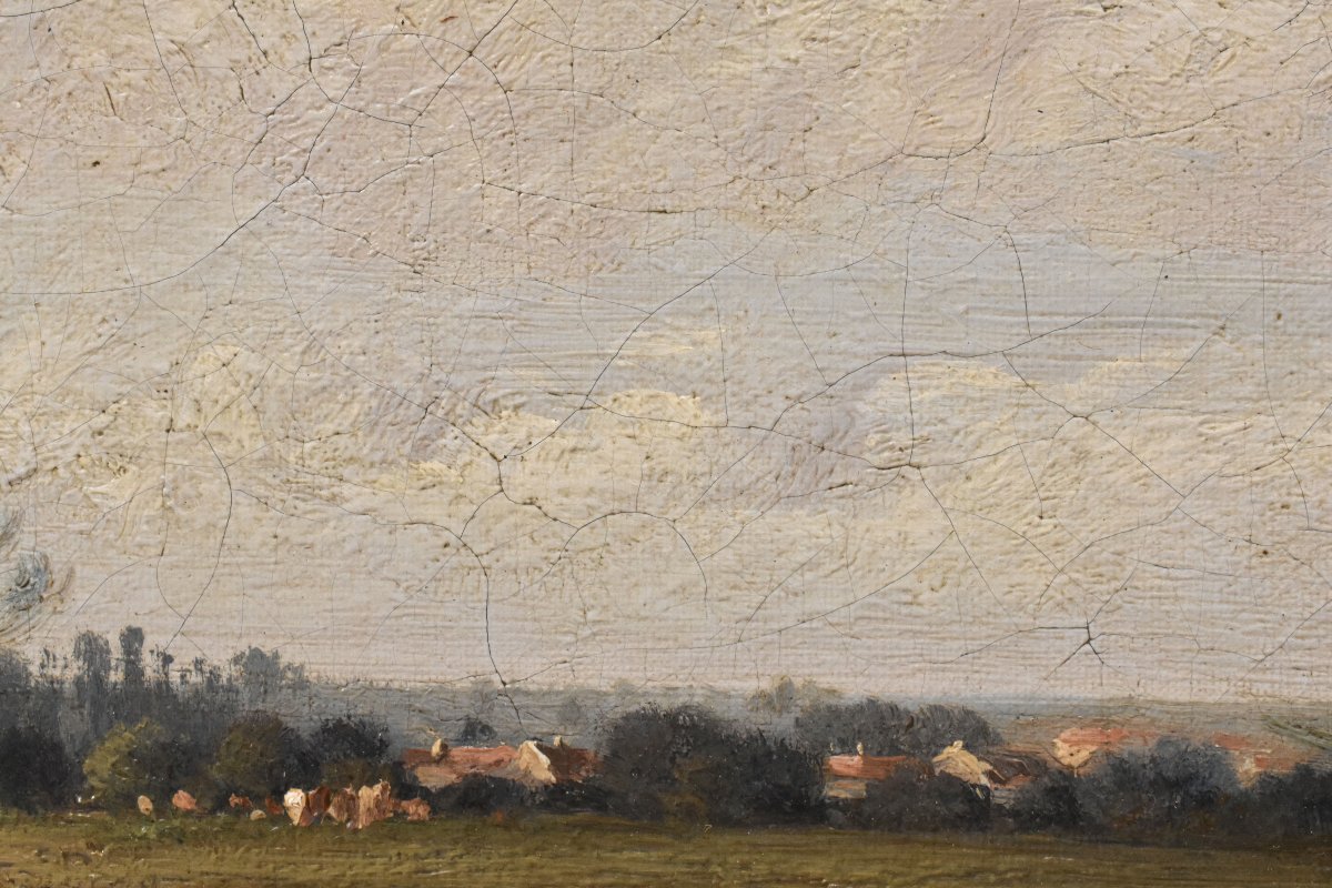 DIPINTI ANTICHI, QUADRI PAESAGGI CON FIUME, SCUOLA DI BARBISON, OLIO SU TELA, DELL 800. (QP763)-photo-3