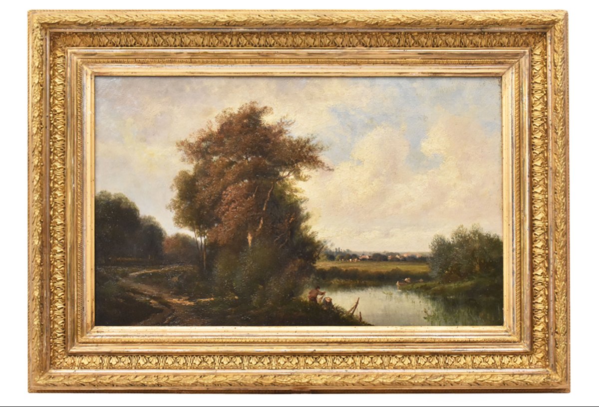 DIPINTI ANTICHI, QUADRI PAESAGGI CON FIUME, SCUOLA DI BARBISON, OLIO SU TELA, DELL 800. (QP763)