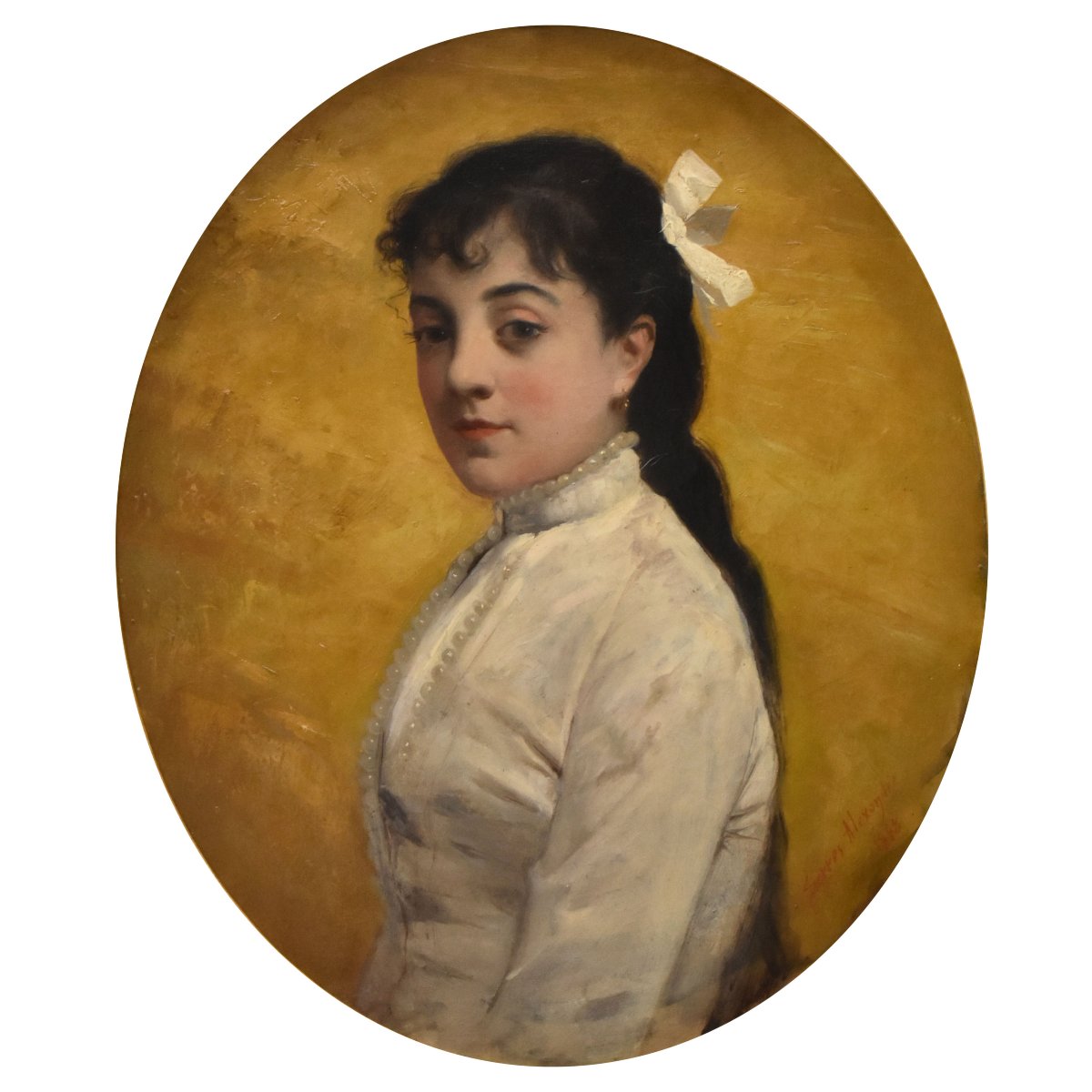 QUADRI ANTICHI, RITRATTI DI GIOVANE DONNA  ABITO BIANCO, FORMA OVALE, OLIO SU TELA, XIX (QR764)-photo-3